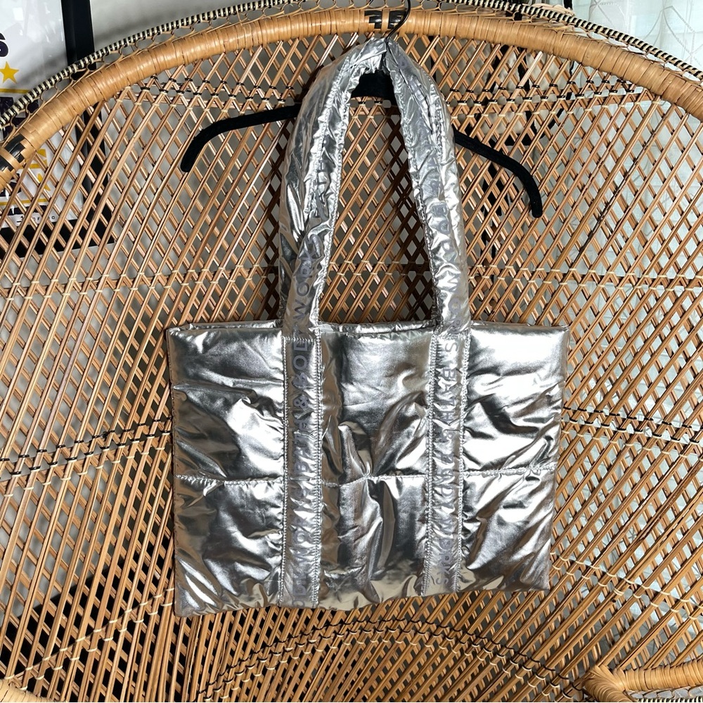 NWT Bath & Body Works Metallic Silver Puffer Tote Bag